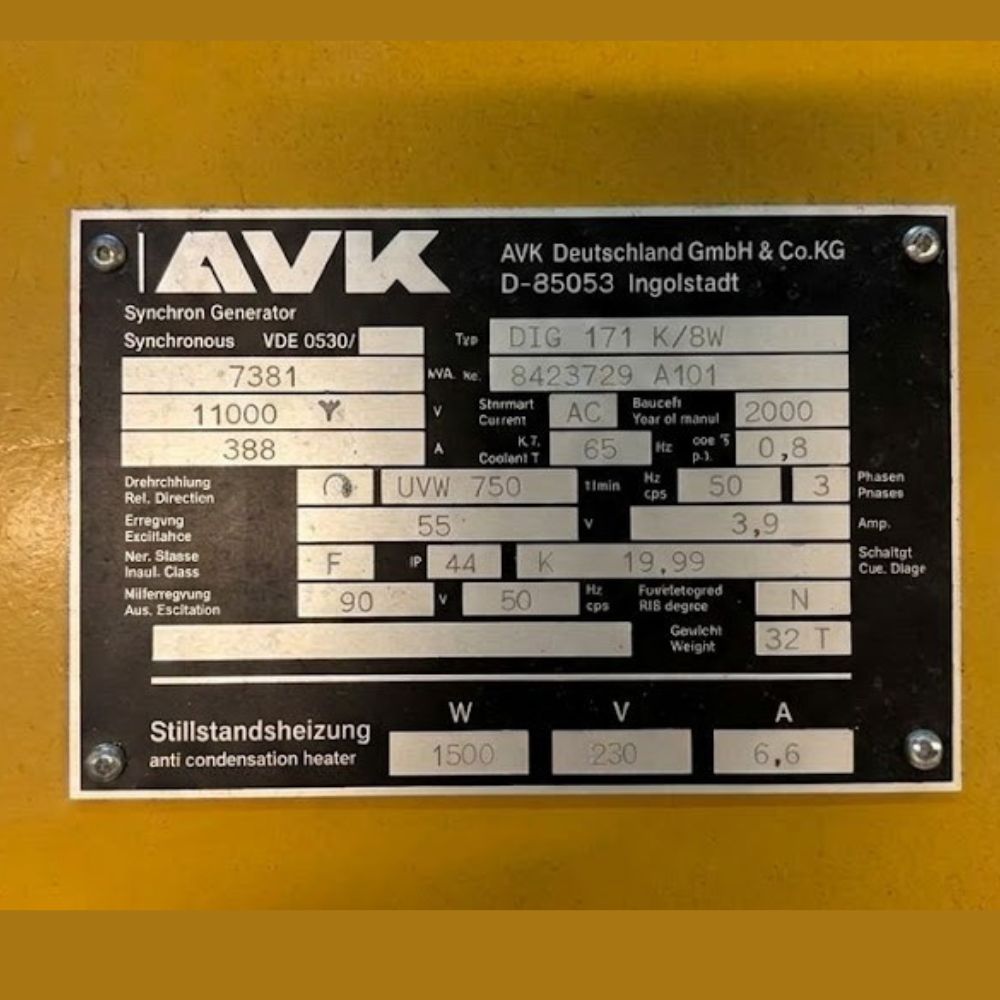 Alternator Nameplate_ AVK DIG 171 K8W 7381 kVA 11kV 50Hz alternator for MaK G16CM34