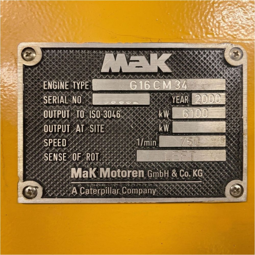 Engine Nameplate_ MaK Caterpillar G16CM34 gas engine 6100 kW 750 RPM serial 56002